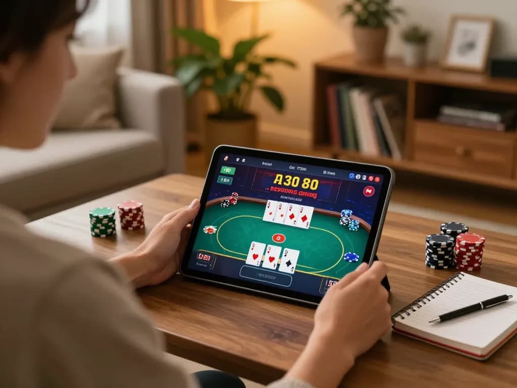 Enjoying online gambling on 78wingo, showing poker strategies in a cozy home setting