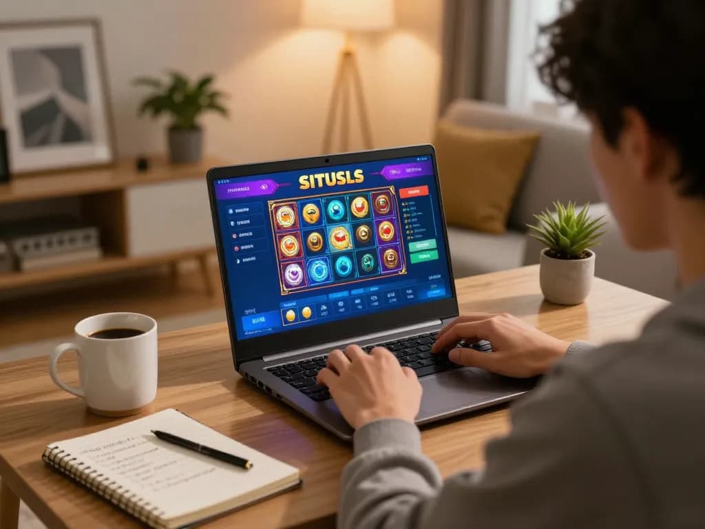 Engaged player enjoying situs slot strategy on laptop with vibrant game interface and cozy home setting.