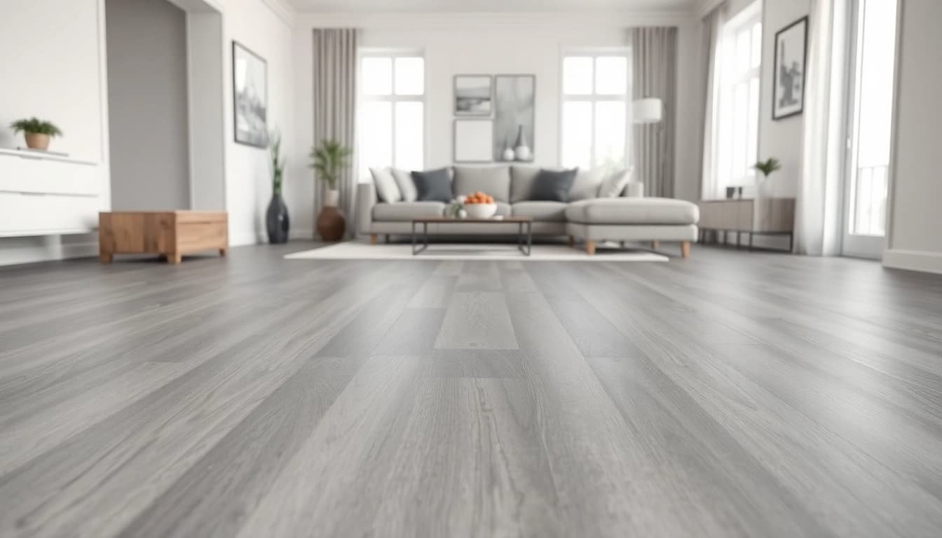 Admiring grey vinyl flooring's elegance in a modern living room setup with stylish decor.