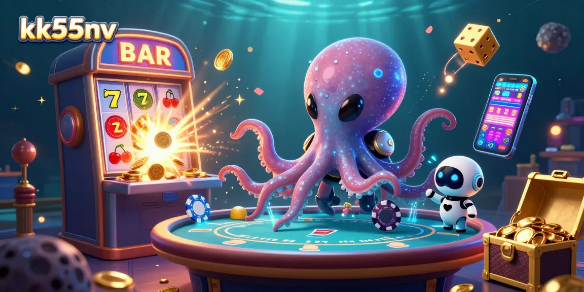 Engage with kk55nv's thrilling casino world through a vibrant 3D illustration of a gaming octopus and exciting elements.