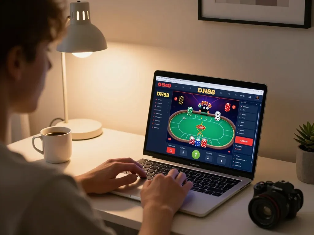 Person playing poker on DH88 online casino platform, showcasing strategic gameplay in a cozy setting.