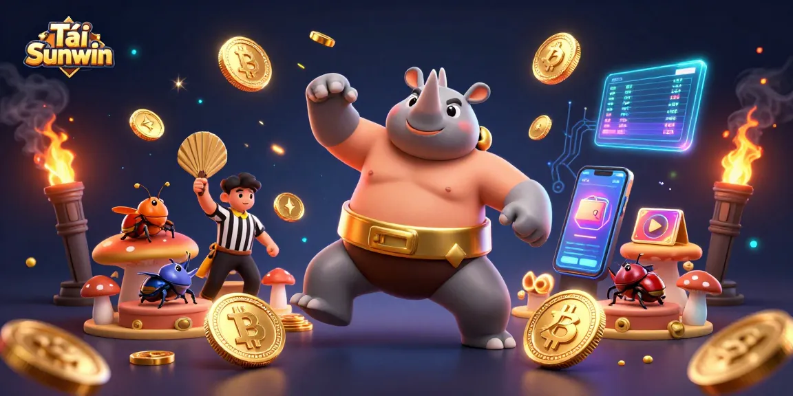Tải Sunwin by engaging with cartoon beetles in a vibrant casino scene filled with coins and digital currencies.