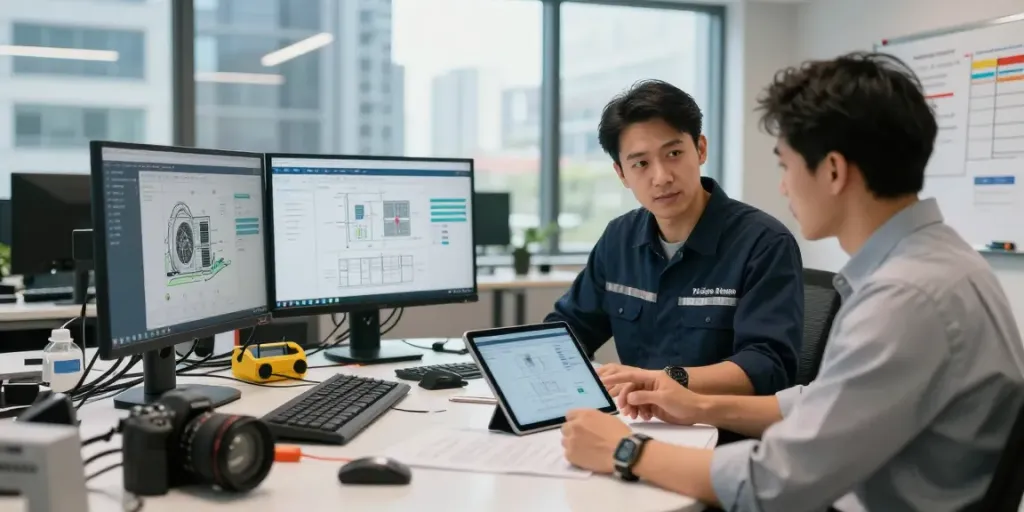 HVAC Software solutions analysis in a modern office setting with a technician reviewing data.