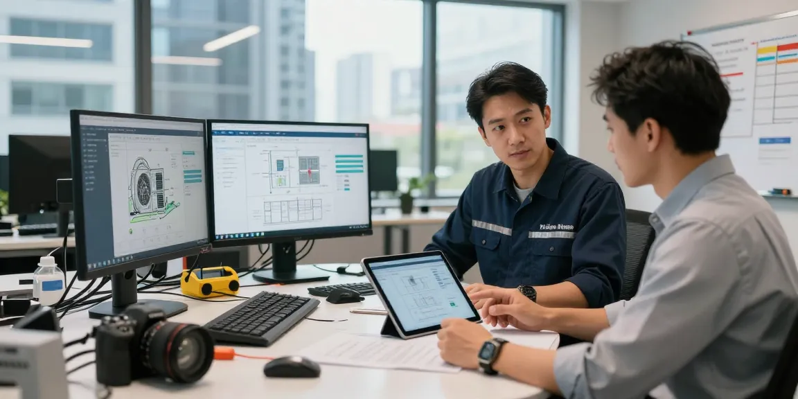 HVAC Software solutions analysis in a modern office setting with a technician reviewing data.