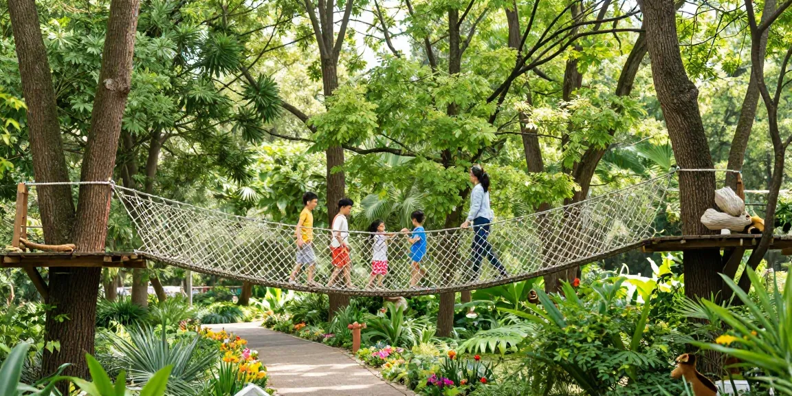 Happy family crossing a rope bridge in a lush forest, showcasing innovative Rope Bridge design.