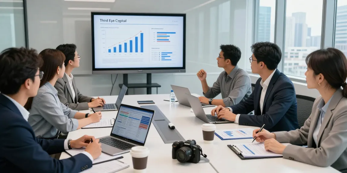 Collaborative financial strategy session at Third Eye Capital with diverse team analyzing growth trends and investment strategies.