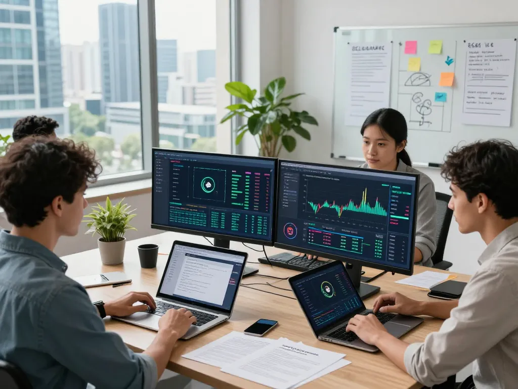 Crypto cloud mining platform team analyzing data in a modern office.