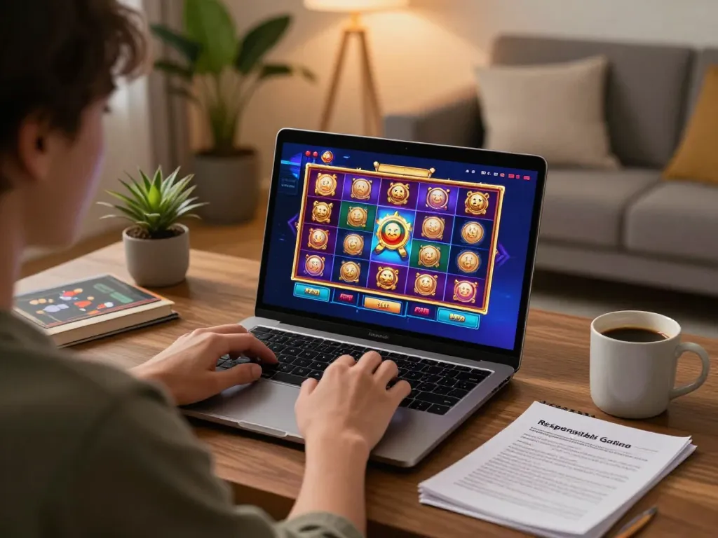 KIM99 player enjoying a slot game on a laptop in a cozy home setting, emphasizing responsible gaming.