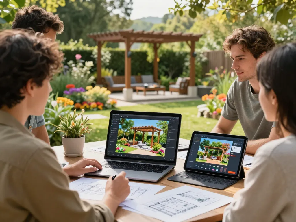 Engaging outdoor team collaboration using All-in-One pergola Configurator to design custom outdoor spaces.