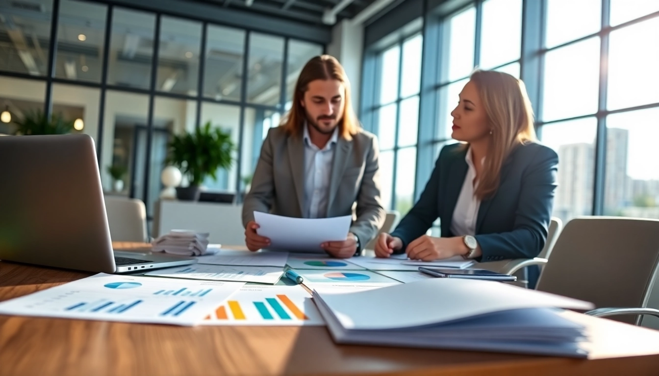 Consultant reviewing contracts and grants paperwork in a professional office environment.