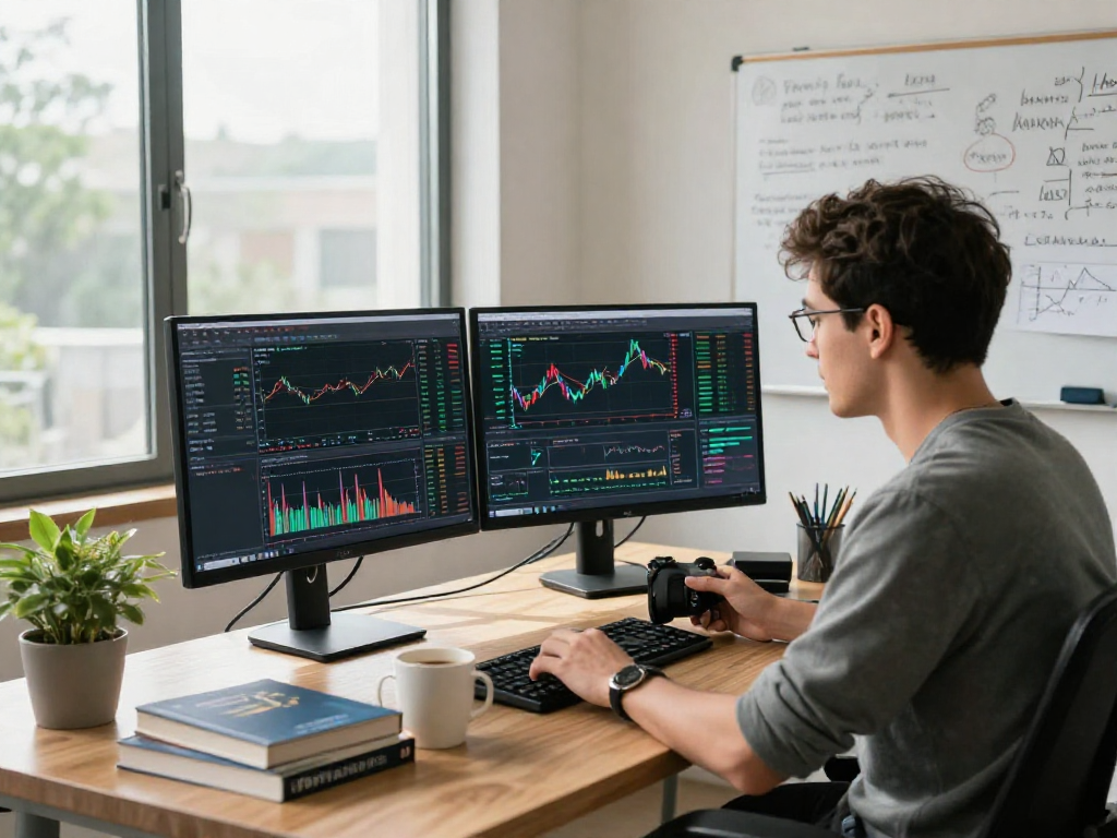 Trader analyzing market data on metatrader 5 in a modern home office, focused on dynamic charts and analytics tools.