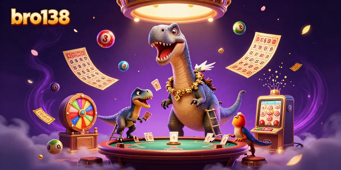 Engage with bro138's vibrant casino illustration featuring a giant brontosaurus overseeing gameplay.
