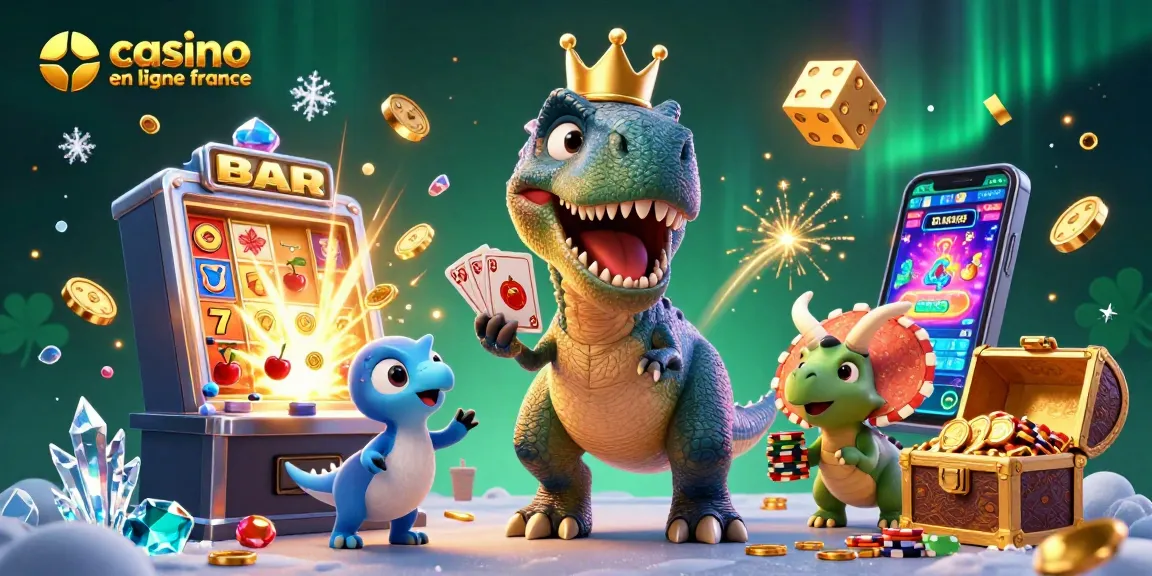Plongez dans l'univers du casino en ligne France avec ce T-Rex joueur, assisté par des amis dinosaures, entouré de machines à sous éclatantes.