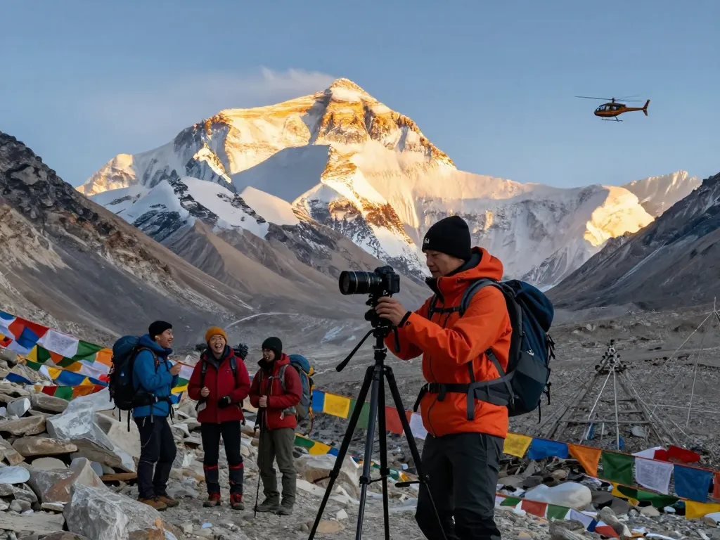 Stunning view of Everest Base Camp Trek with Helicopter Return at sunrise, showcasing trekkers amid majestic peaks.