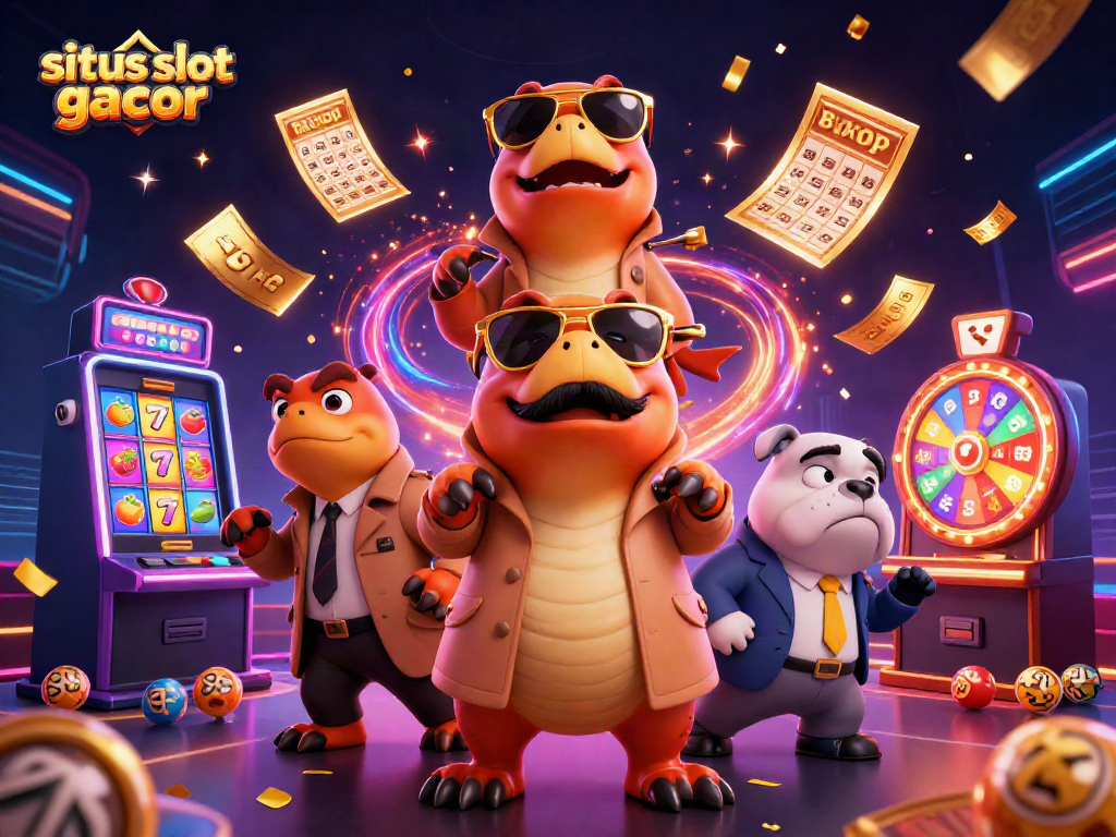 Situs slot gacor scene with raptors in trench coat, slot machine elements, and lively casino atmosphere