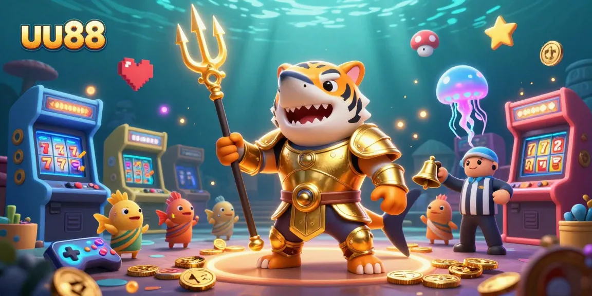Win big with uu88 in this vibrant underwater casino scene featuring a tiger shark.