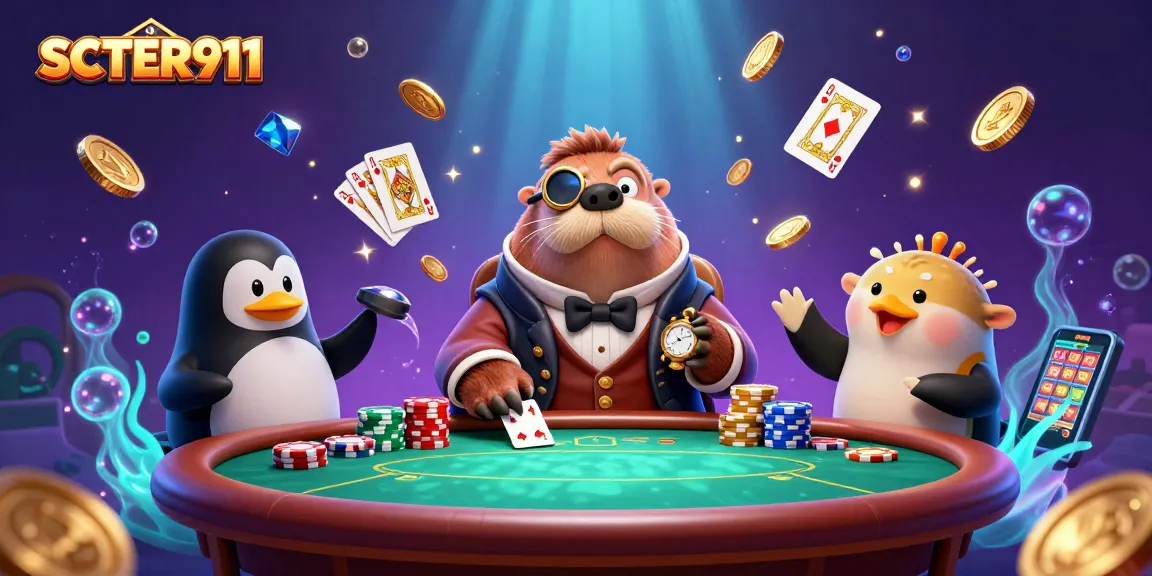 Engage with SCATTER911 at an underwater poker table with vibrant casino elements.