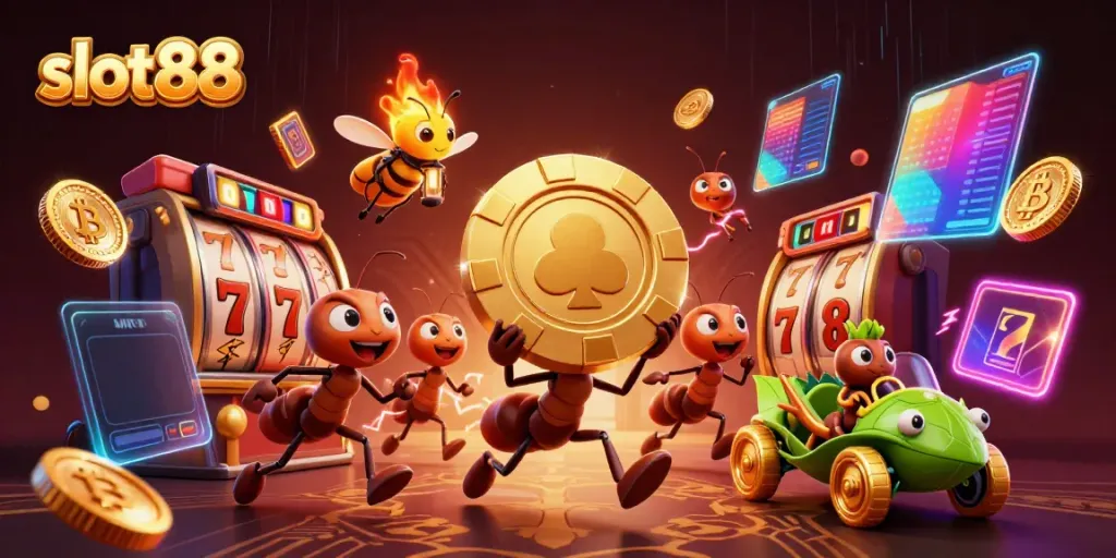 Experience thrilling slot88 action with playful ants in a casino heist scene featuring vibrant game elements.