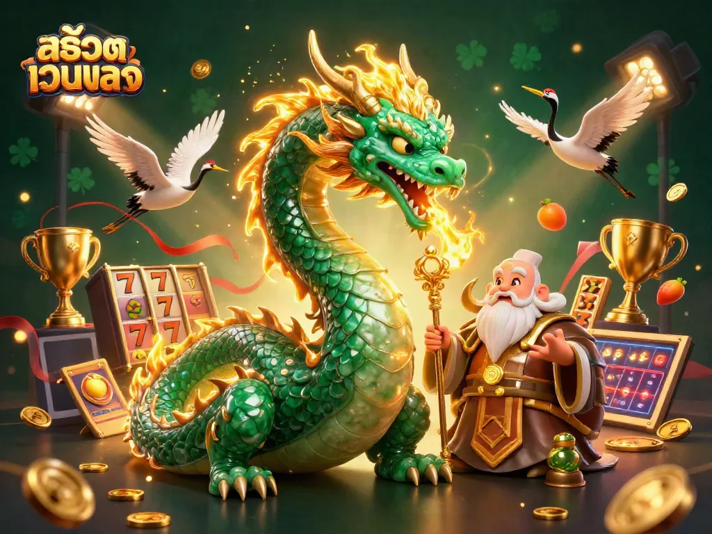 เล่นสล็อตออนไลน์กับสล็อตเว็บตรงและเทพเจ้ามังกรมรกตในภาพการ์ตูน 3D