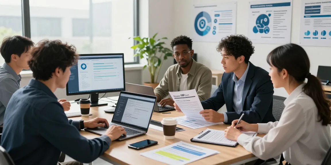 Team collaborating in a professional office, discussing cyber essentials insurance importance for compliance.