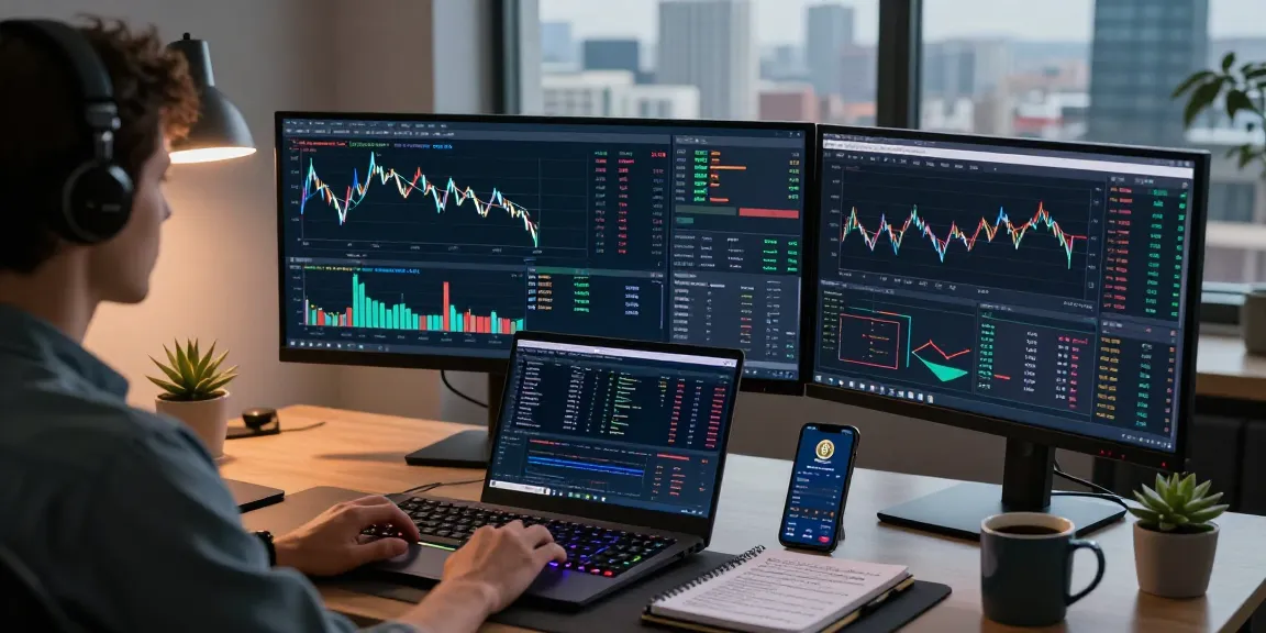Stellar lumens price prediction trading environment with live cryptocurrency charts and modern tech workspace.