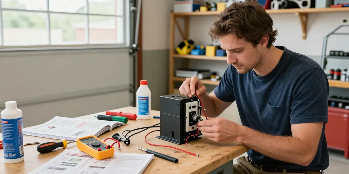 Mighty mule gate opener not working being troubleshooted by a DIY enthusiast using tools in a home garage.
