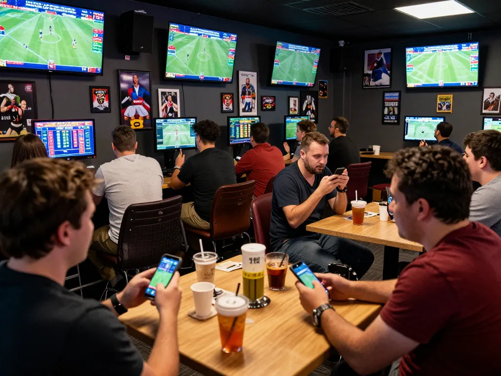 Patrons engaging in sports betting activities at 8xbet's vibrant lounge.