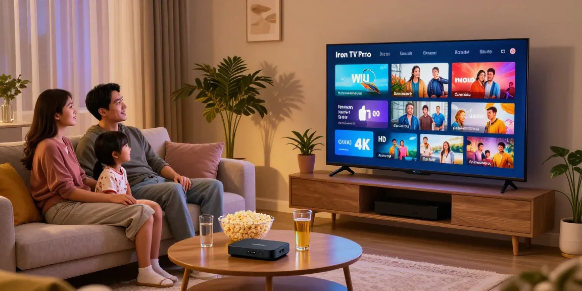 Family watching Iron TV Pro on Smart TV in cozy living room.