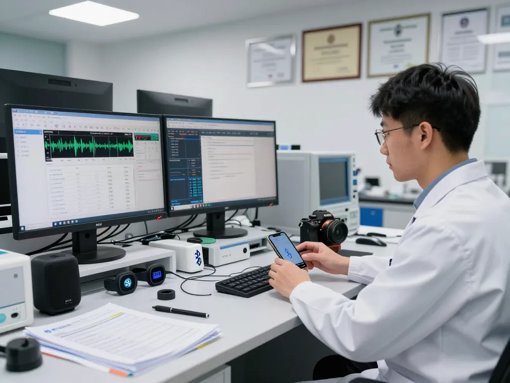 Engineer conducting Bluetooth testing in a state-of-the-art lab