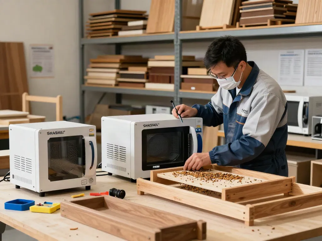 SHASHEL® technician using microwave technology for safe woodworm elimination in a modern workshop.
