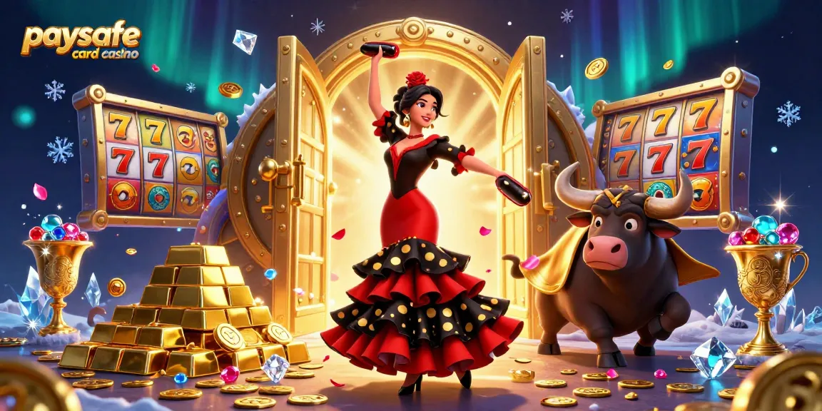 Erleben Sie die elektrisierende Atmosphäre eines Paysafe Card Casinos mit einem lebhaften Flamenco-Tänzer und glitzernden Schätzen.