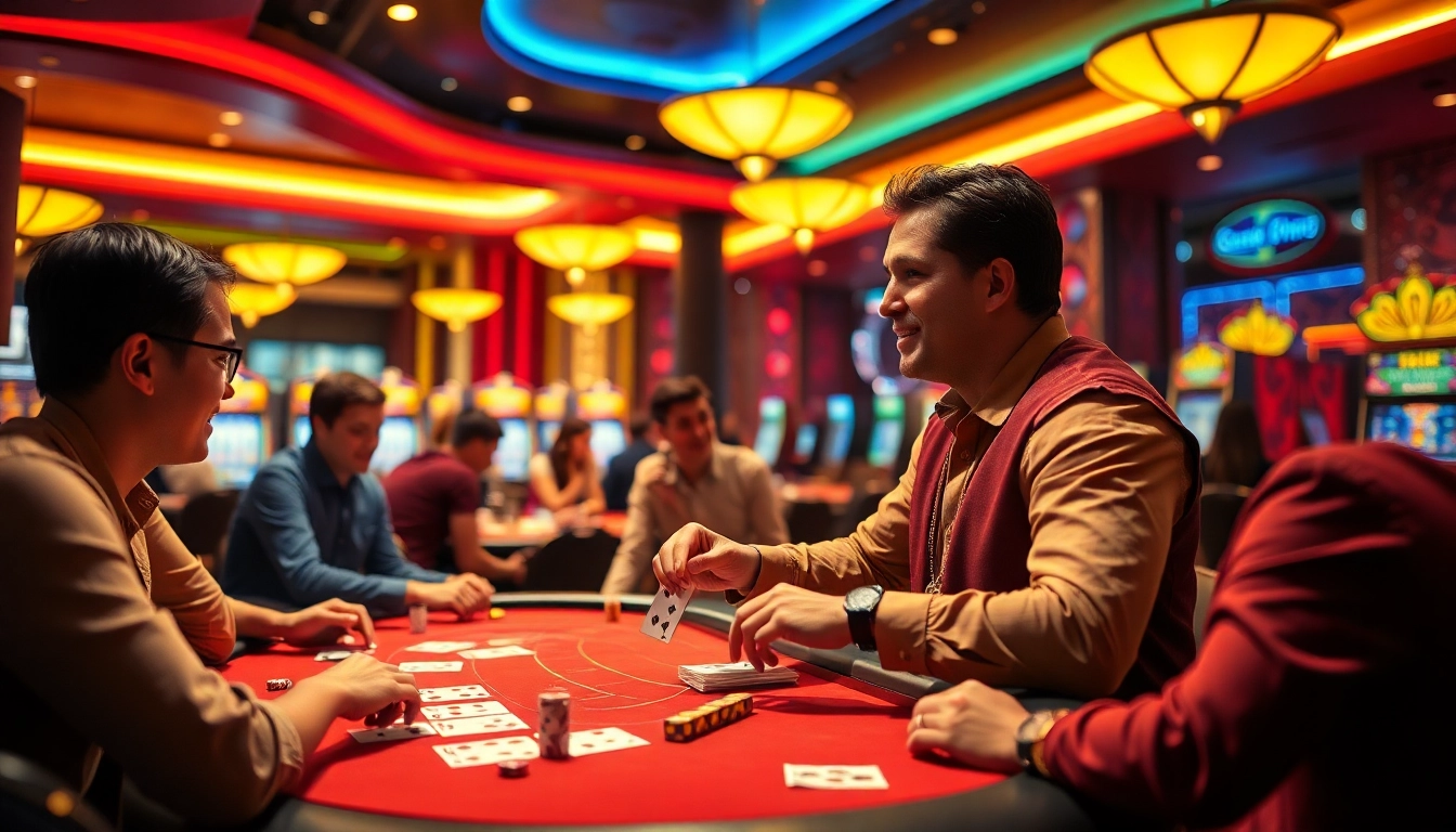 Exciting casino scene showing a Vegas hero dealer engaging with players, showcasing vibrant energy.