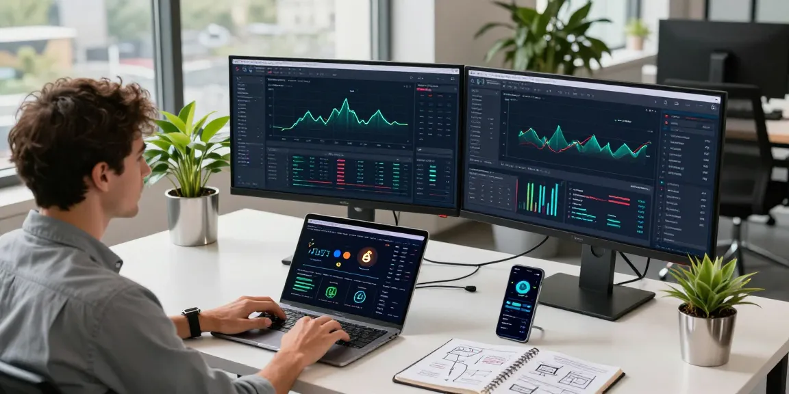 Engaged user analyzing metrics on a cloud mining platform in a modern cryptocurrency workspace with multiple screens and devices.