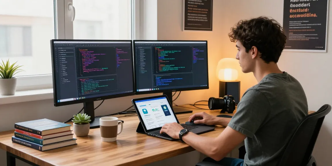 Kotlin app development training in a modern workspace featuring dual monitors and design mockups.