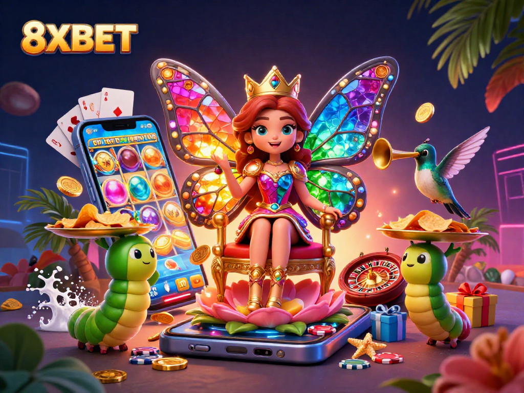 Experience the vibrant world of 8XBET with interactive slot games and colorful casino elements.
