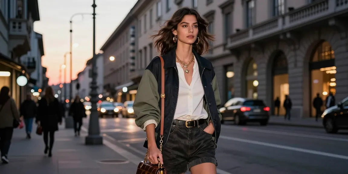 Services photographiques de mode à Milan : modèle en tenue élégante à Milan, ville lumineuse en arrière-plan.