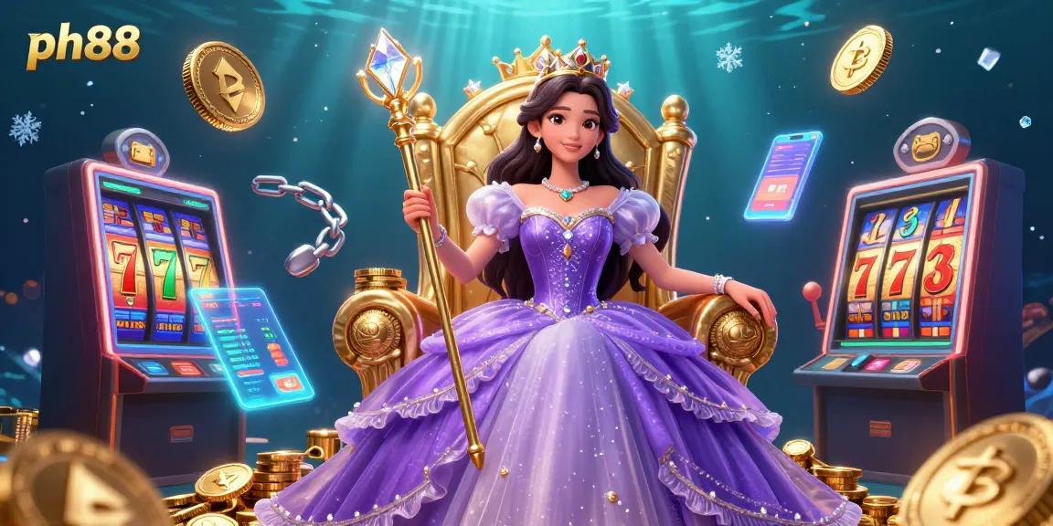 Experience the excitement of ph88 with a beautiful woman in a royal gown surrounded by vibrant slots and crypto elements.