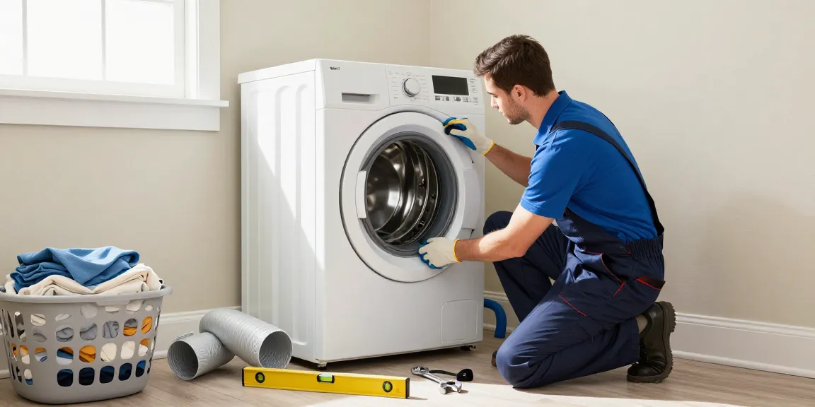 Dryer Hook Up installation in a clean laundry room with a technician securing connections and tools nearby.