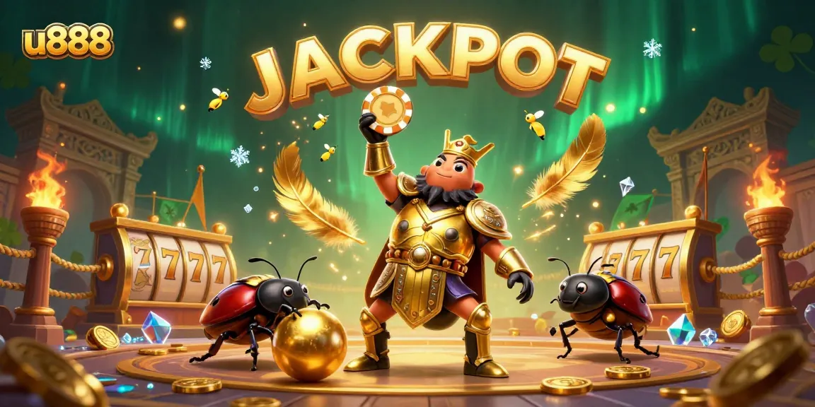 u888 celebrates big wins with a hercules beetle in armor holding a poker chip in an exciting casino scene.