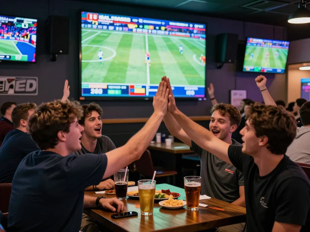 Fans celebrate wins at the ALO8 sports betting lounge, showcasing intense gameplay atmosphere.