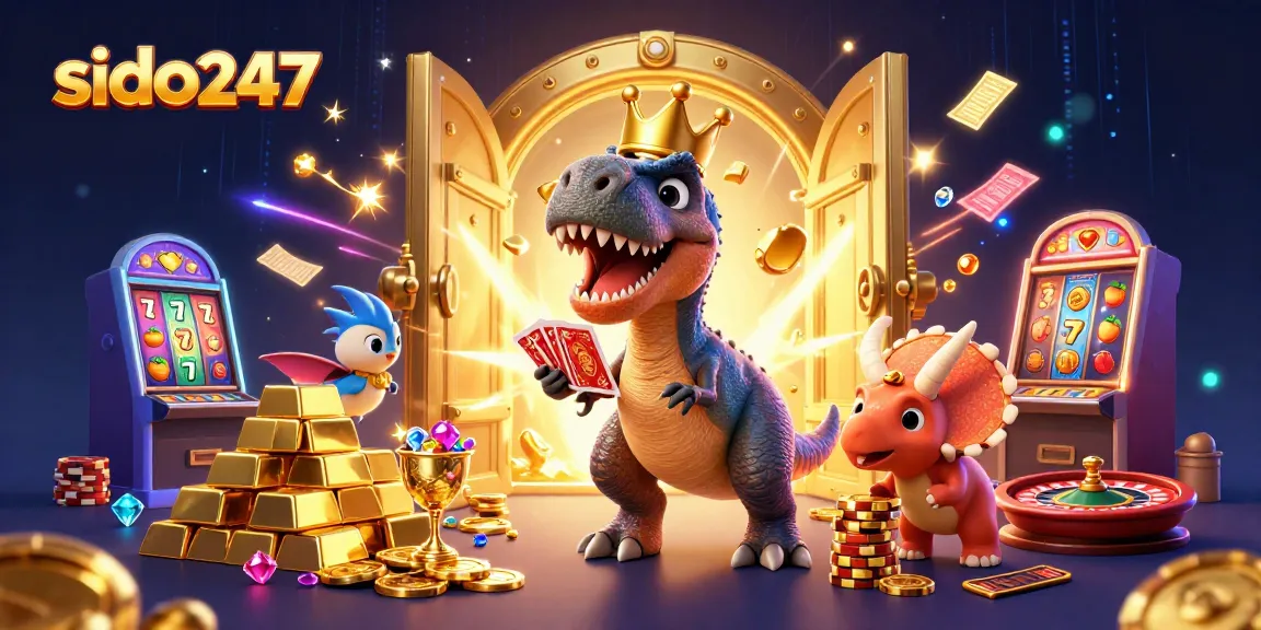 Engage in high-stakes action with sido247 as a T-Rex deals cards while a pterodactyl assists, surrounded by casino treasures.