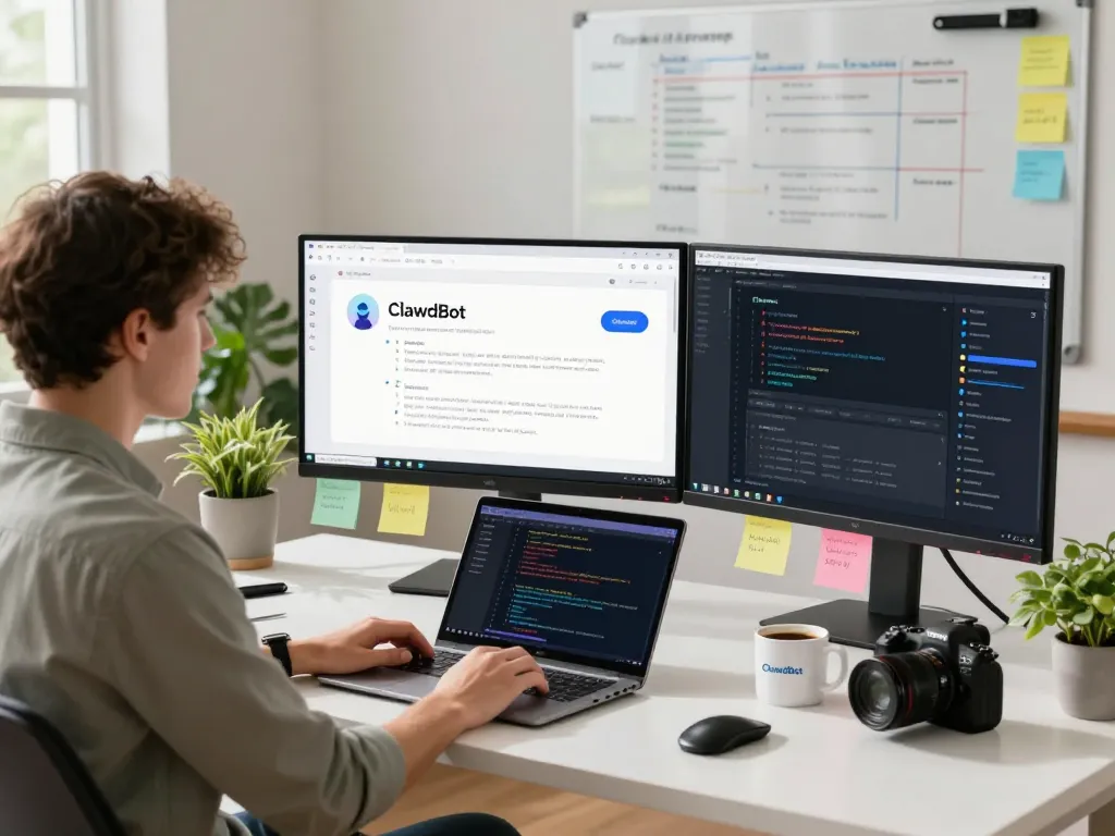 ClawdBot in action on dual monitors in a modern developer workspace
