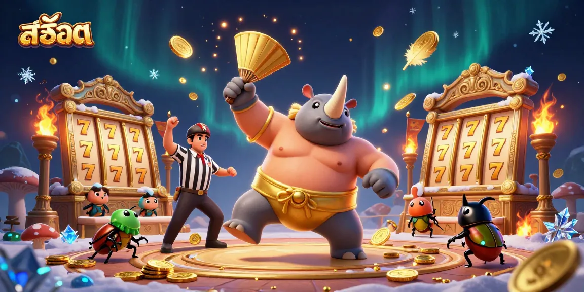 Experience thrilling สล็อต action with a rhinoceros beetle champion amidst a dynamic casino scene filled with vibrant elements.