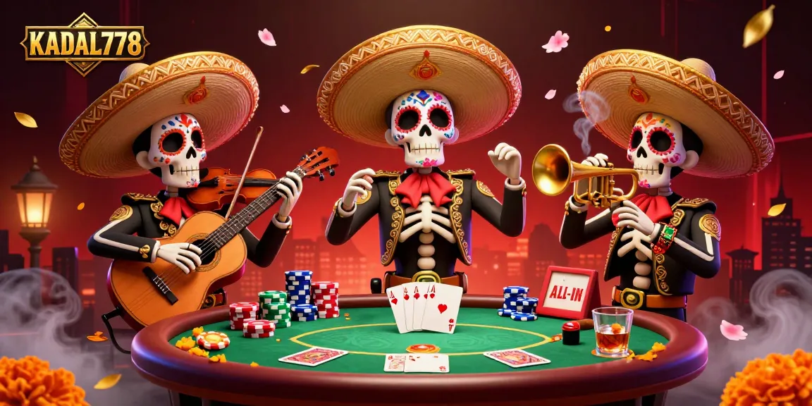 KADAL778 features a vibrant mariachi band playing amidst a lively poker scene, showcasing vibrant elements and dynamic action.