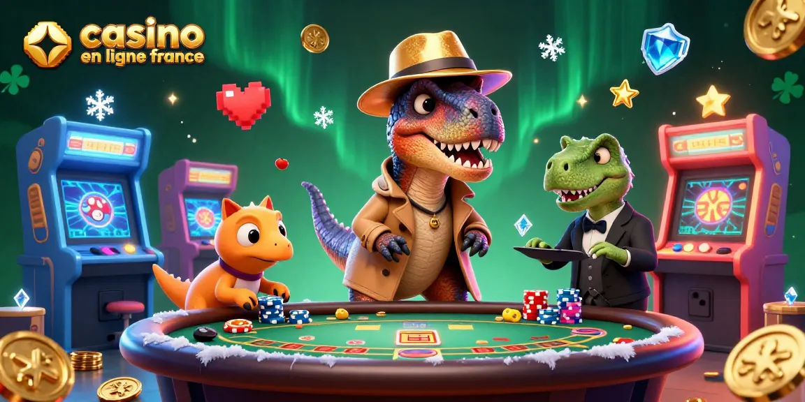Le meilleur casino en ligne France, où un velociraptor tente de gagner au blackjack tout en se cachant dans un monde de jeux colorés.