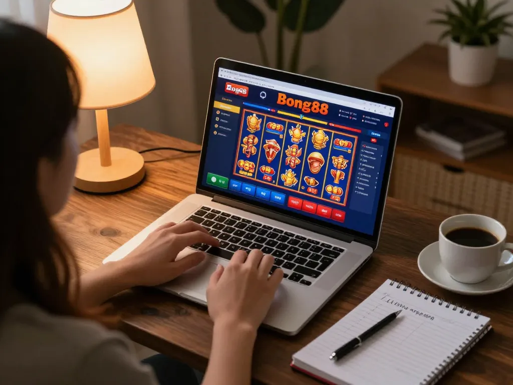Bong88 online gaming experience on a laptop, showcasing vibrant interfaces and cozy atmosphere.