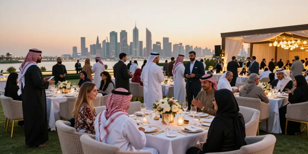 Event rental ksa showcasing a luxurious outdoor banquet setup with premium décor and guests enjoying a vibrant celebration.