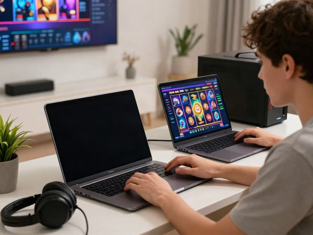 Player enjoying an online slot game on a laptop in a cozy home setup.