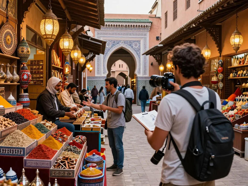 Vibrant medina market scene showcasing a traveler capturing moments with a morocco travel company.