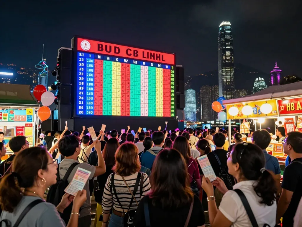 Excited crowd at a Hongkong Lotto live draw event, showcasing vibrant atmosphere and iconic skyline.